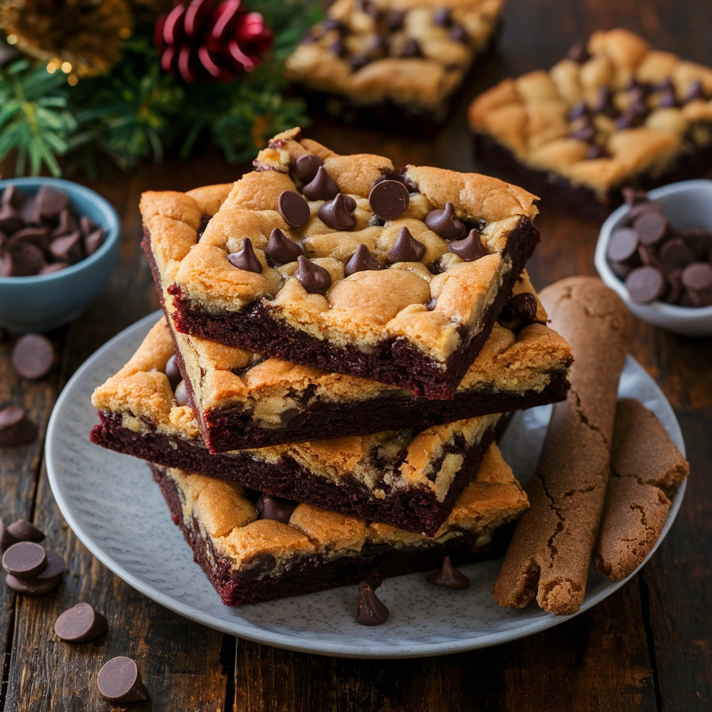 A tray of freshly baked brookies with a golden cookie top and fudgy brownie layer